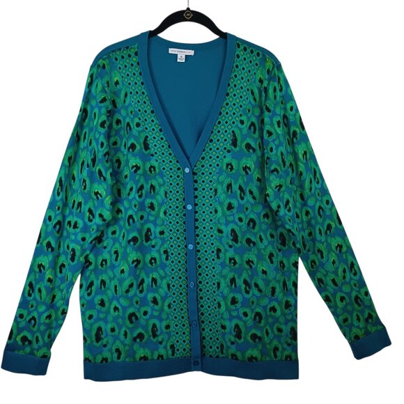 Isaac Mizrahi Sweaters - Isaac Mizrahi Sweater Cardigan Teal Green Leopard Print Womens Plus size 1X